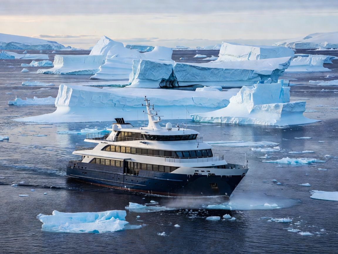 Antarctic icy sea landscape with luxury expedition vessel