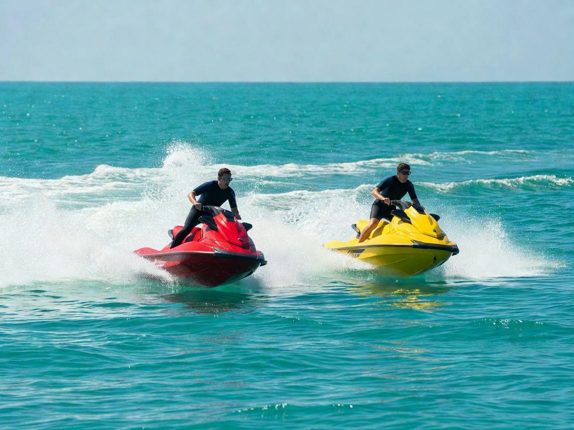 High speed jet skis on turquoise oceanic water