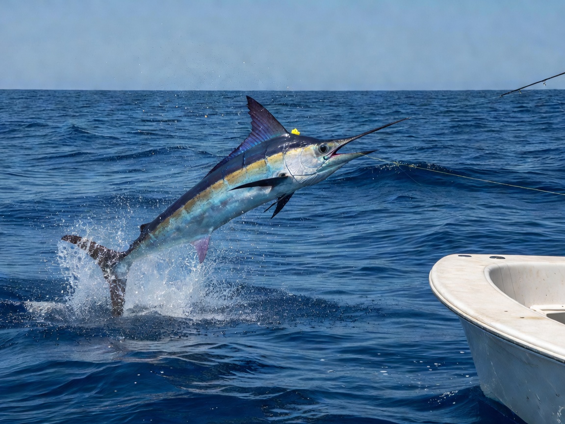 Offshore marlin jumping out of blue water during tag and release