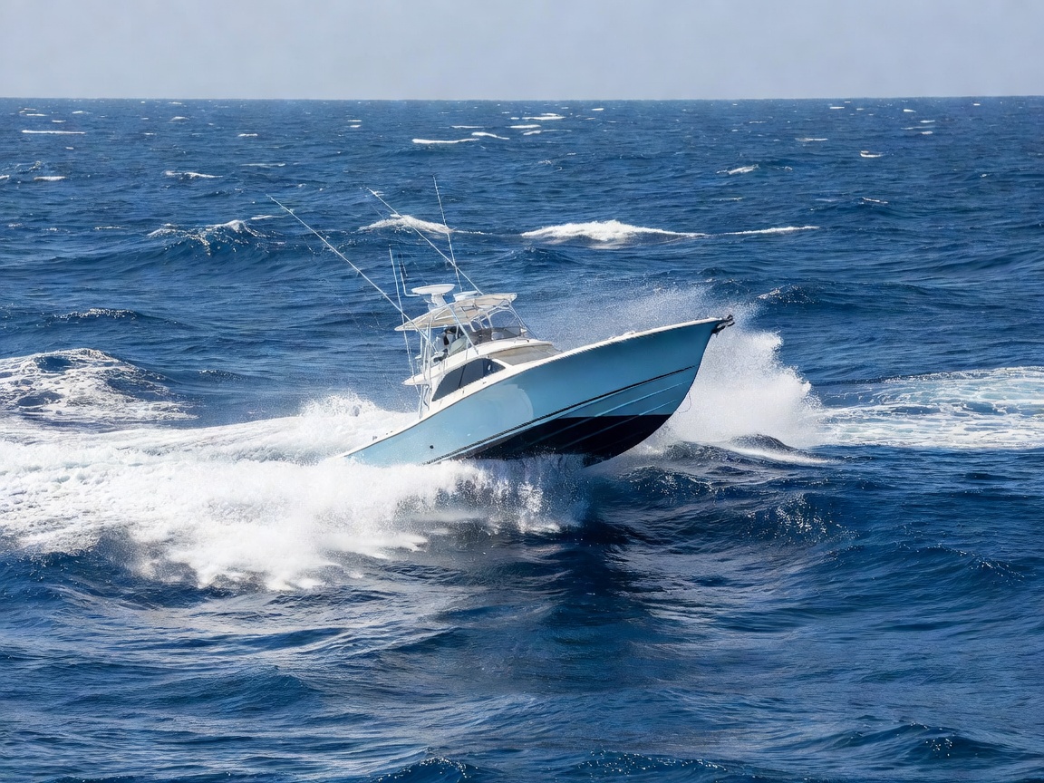 Offshore sport fishing boat slicing through open ocean swells
