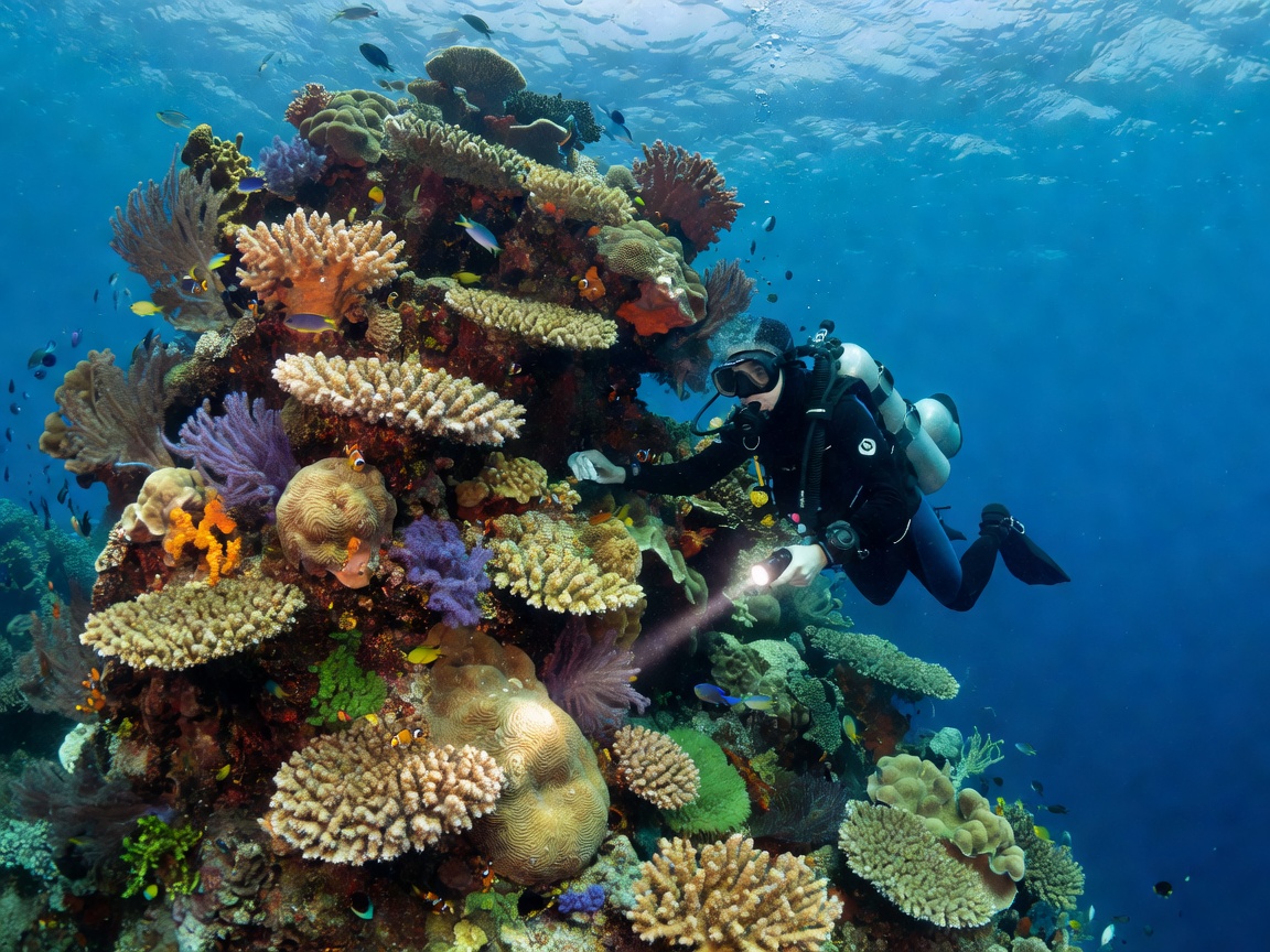 Technical scuba diver underwater exploring coral wall
